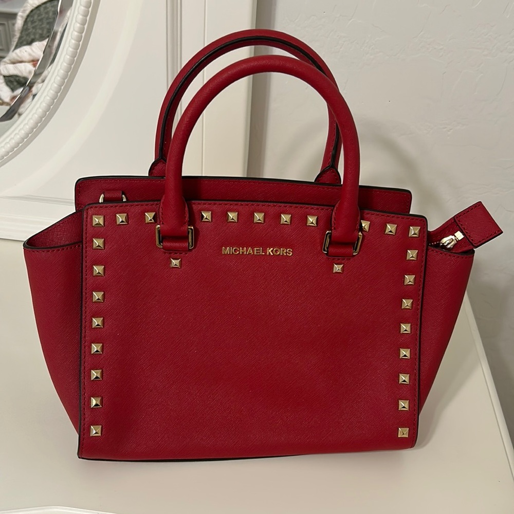 Michael Kors Red Studded Leather Selma Crossbody Satchel Purse